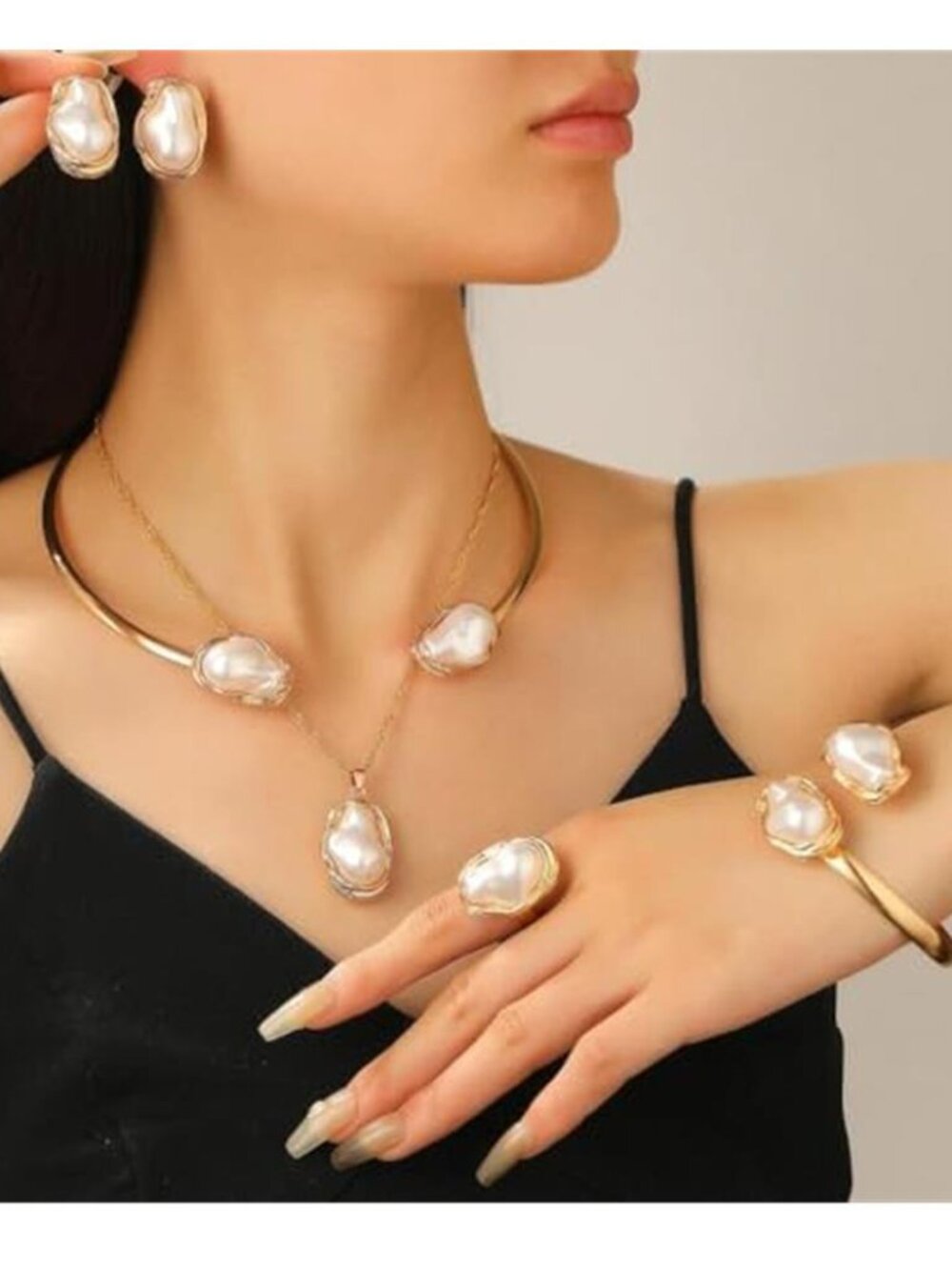 Gold Plated Baroque Pearl Jewelry Set Molten Lava Layered Statement